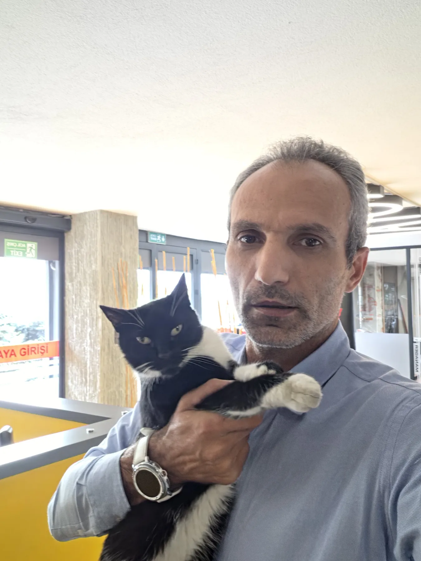 Galip Arduç’un siyah beyaz bir kediyi (Warnaba) kucağında tuttuğu, doğal ve samimi ofis ortamı fotoğrafı.